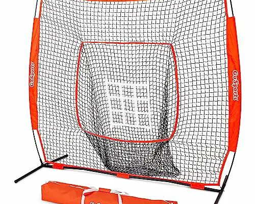 GoSports 7 ft x 7 ft Baseball & Softball Practice Hitting & Pitching Net with Bow Type Frame, Carry Bag and Strike Zone, Great for All Skill Levels