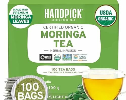 HANDPICK, Organic Moringa Tea Bags (100 Count) Non-GMO, Caffeine Free, USDA Organic Ingredients- Pure Moringa Leaves | Sweet and Light Herbal Tea Bags, Round Eco-conscious Tea Bags