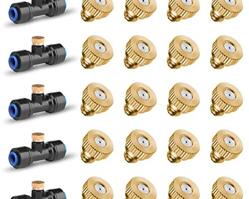 HOMENOTE 20 Pack Brass Misting Nozzles and 5 Pack Misting Nozzle Tees for Outdoor Cooling System, Misting Nozzle Replacements for 1/4 inch tubing