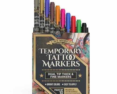 Ink Scribd Temporary Tattoo Markers - Premium Tattoo Pens For Skin - Assorted Colored Body Markers - Tattoo Starter Kit Supply With Stencil - Skin Safe - Pack of 10