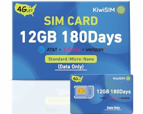 KiwiSIM USA Data SIM Card 12GB 180 Days, 4G LET SIM Card Support for AT&T, T-Mobile and Verizon, SIM Card for Unlocked Cellular Security Cameras/Router/Mobile WiFi Hotspot/Tablet/Hunting Trail Camera