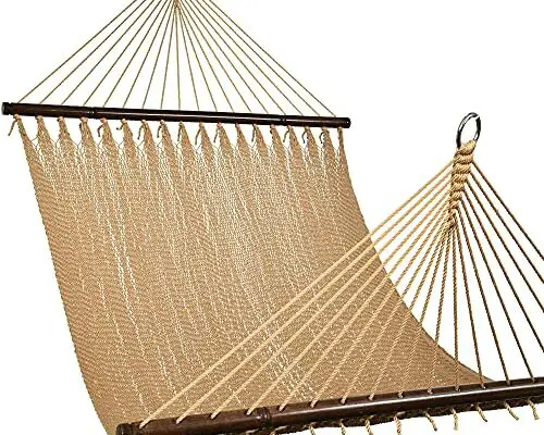 Lazy Daze 10 FT Double 2 Person Caribbean Rope Hammock, Hand Woven Polyester Hammock with Spreader Bars, Extra Large Outside Outdoor Backyard Patio Poolside Hammock, 450 LBS Capacity, Tan