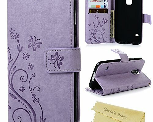 Mavis's Diary S5 Case, Galaxy S5 Case Premium Wallet PU Leather with Fashion Embossed Floral Butterfly Magnetic Clasp Card Holders Flip Cover with Hand Strap (Light Purple)