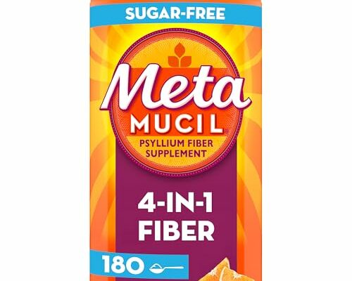 Metamucil 4-in-1 Fiber Supplement for Digestive Health, Psyllium Husk Fiber Powder, Sugar-Free Fiber Supplement, Orange Flavored, 180 teaspoons