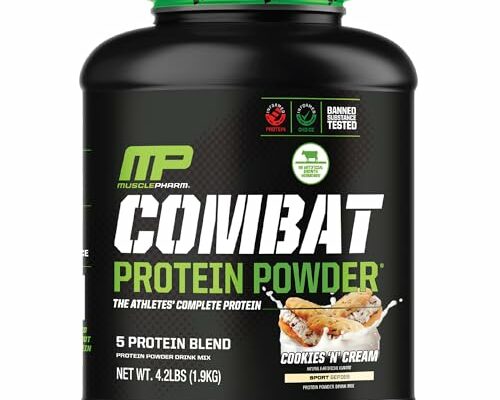 MusclePharm Combat Protein Powder, Cookies ‘N’ Cream Flavor, Fuels Muscles for Productive Workouts, 5 Protein Sources including Whey Protein Isolate & Egg Albumin, Gluten Free, 4 lb, 52 Servings