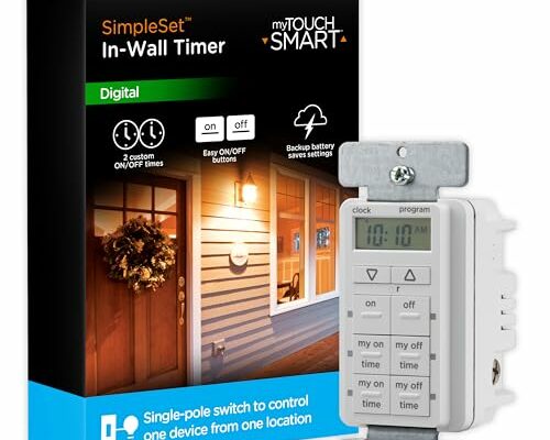 myTouchSmart In-Wall Digital Timer, 4 Programmable On/Off Buttons, 2 Easy On/Off Buttons, 24 Hour Daily Cycles, Blue LED Indicators, with Battery Backup, for Indoor/Outdoor Lights, Fans, 26893