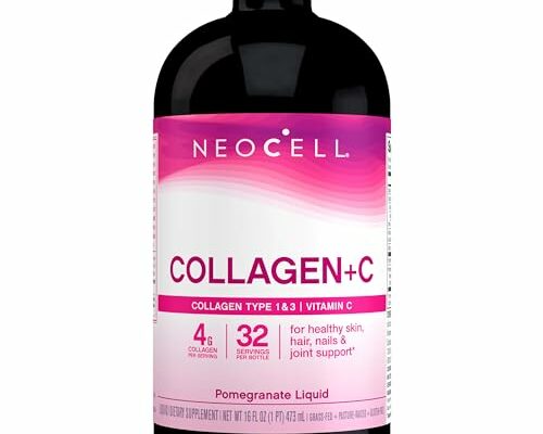 NeoCell Collagen Peptides + Vitamin C Liquid, 4g Collagen Per Serving, Gluten Free, Types 1 & 3, Promotes Healthy Skin, Hair, Nails & Joint Support, Pomegranate, 16 Oz