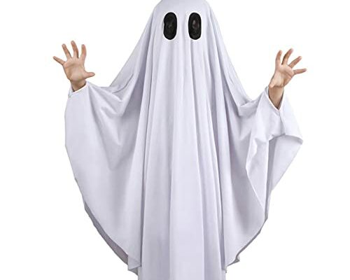 Noubeau Unisex Kid Ghost Costume Girl Halloween Fancy Dress Cosplay Boy White Boo Ghost Cloak Child Spooky Trick-or-Treating(White,M)