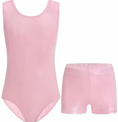 Nymphperi Gymnastics Leotards for Girls 7-8 Years Old Shiny Pink Cute Tumbling Outfit with Athletic Shorts Set for Children Birthday Gift