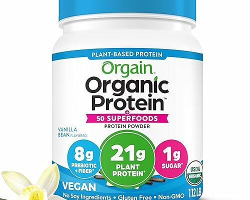 Orgain Organic Vegan Protein + 50 Superfoods Powder, Vanilla Bean - 21g Plant Based Protein, 8g Prebiotic Fiber, No Lactose Ingredients, Gluten Free, No Added Sugar, Non-GMO, 1.12 lb