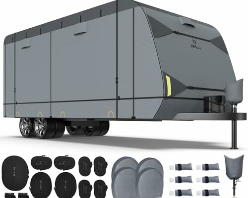 RVMasking 7 Layers Top Heavy Duty RV Travel Trailer Cover for 15'1"-18', Windproof Rip-Stop Anti-UV RV Cover with 4 Tire Cover & Tongue Jack Cover, Dark Gray