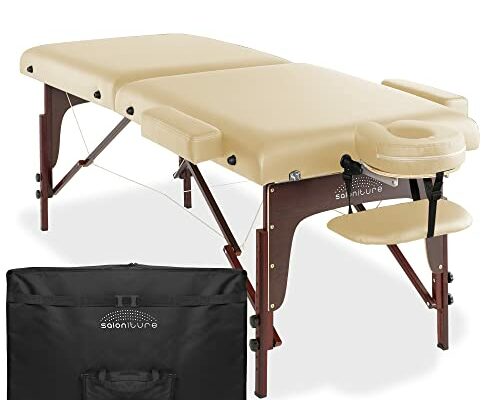 Saloniture Professional Portable Lightweight Bi-Fold Memory Foam Massage Table with Reiki Panels - includes Headrest, Face Cradle, Armrests and Carrying Case - Cream