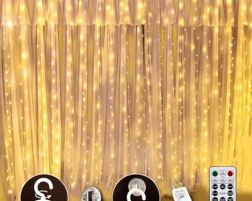 SINAMER White Curtain Light for Bedroom, 300 LED 9.8ft x 9.8ft Window Fairy Curtain String Light with 16 Hooks, 8 Models Remote Control for Wedding Party Home Garden Indoor Decorations