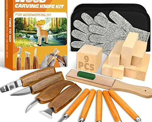 Wood Carving Kit, 23pcs Wood Carving Tool with 4PCS Wood Carving Knives & 5PCS Detail Knives 9 Basswood Blocks & Gloves & Roll Bag & Strop Block & Polishing Compound Whittling Kit Hobbies for Adults