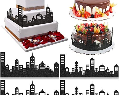 10 Pieces Scenic Theme Cake Border Decoration Cake Side Border Stick or Lay on Cake Toppers Birthday Cake Decor Accessories for Party, Lighted City Backdrop Style, Black