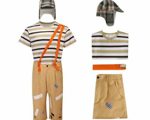 Adults El Chavo Del Ocho Costume Stripe T-Shirt Pants Suspenders with Hat Sets Cosplay Uniform Outfits L