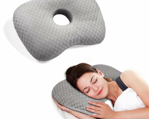 Ear Piercing Pillow with an Ear Hole for CNH and Ear Pain Ear Inflammation Pressure Sores for Side Sleepers, Cotton and Polyester Side Sleeping Pillow, Washable and Adjustable Ear Guard Pillow, Gray