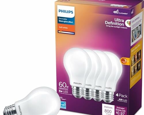 Philips LED Flicker-Free Frosted Dimmable A19 Light Bulb - EyeComfort Technology - 800 Lumen - Soft White (2700K) - 8W=60W - E26 Base - Title 20 Certified - Ultra Definition - Indoor - 4-Pack