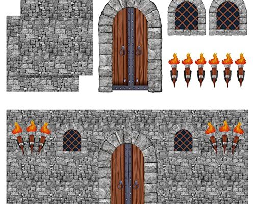 11 Pieces Medieval Party Decorations Kit Medieval Scene Castle Decorations Set Including Stone Wall Backdrop, Door, Windows, Torch Props for Halloween Castle Party Wall Decor Accessory