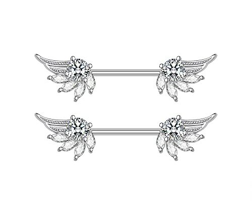 14G Angel Wings Stainless Steel Nipple Rings Sparkling Crystal Rhinestone CZ Straight Barbell Tongue Ring Nipplering Shield Bar Piercing Body Jewelry for Women (White)