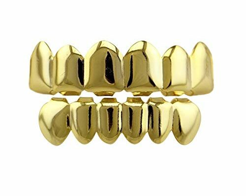 24K Gold Plated Punk Custom Fit Teeth Grillz Caps Top & Bottom Grill Set Removable Hip Hop Mouth Grills For Women Men Gift Halloween Party Photo Fancy Dress Accessories Gold