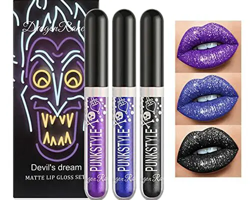 3PCS Black Blue Purple Liquid Glitter Lipstick Glitter Lip Gloss Set,Diamond Shimmer Matte Lipstick Set Long Lasting High Pigment Glitter Lip Stick Kit Lip Gloss Set Halloween Makeup Gift - Set D