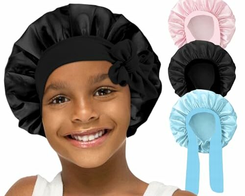 3 Pcs Kids Silk Bonnet for Sleeping - Baby Satin Bonnet for Sleeping,Kids Hair Bonnets for Curly Hair Girls Boys with Wide Elastic Band,Sleeping Cap for Teens Toddler Child (Pink+Black+Light Blue)