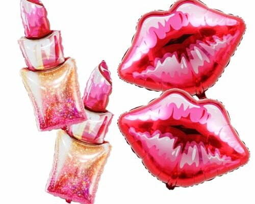 4Pcs lips Lipstick Balloons，49 Inch Red Lipstick and 30 Inch lip Balloons For Galentines Day Make up Spa Pink Girl Party Spa Party