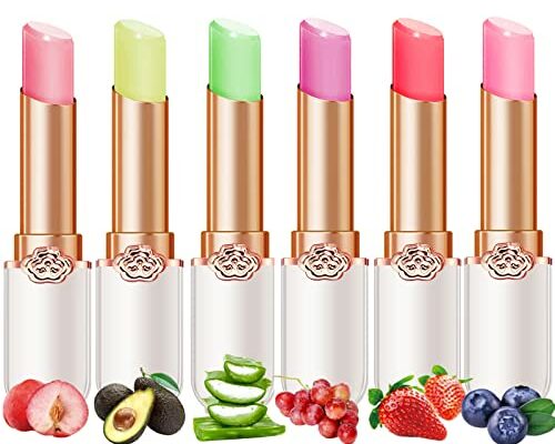 6 Pcs/Set Peach Aloe Vera Strawberry Blueberry Avocado Grape Jelly Lipstick Set Temperature Change Moisturizer flower Lip Stick Long Lasting Nutritious Lip Balm Magic Color Change Lip Gloss