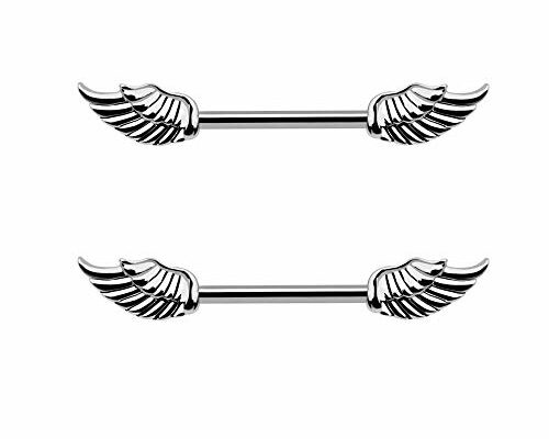 Angel Wings Nipple Rings 14G Stainless Steel Barbell Tongue Ring Piercing Bar Body Jewelry 2Pcs for Women