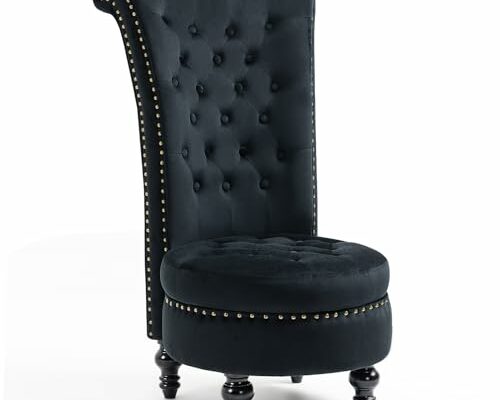 AVAWING High Back Throne Chair, Velvet Armless Royal Accent Chair w/Storage, Nailhead Trim & Rubberwood Legs for Living Room & Bedroom, Black