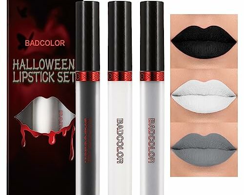 BADCOLOR 3 Colors Matte Liquid Lipstick Set, Black White Grey Halloween Makeup Lip Stain, Highly Pigmented Smudge Proof Waterproof Velvet Lip Gloss Set