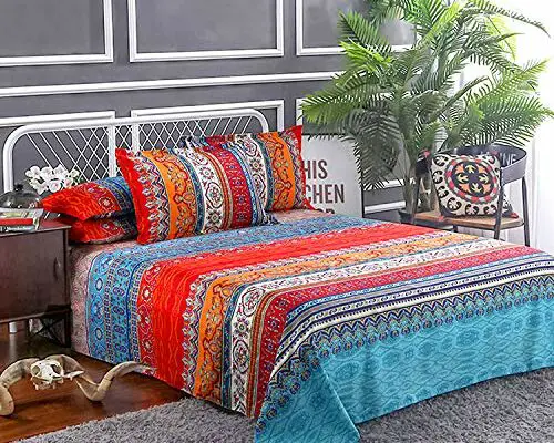 Boho Sheets Set Queen(4 PCS) Boho Colorful Tribal Striped Bed Sheets 14" Deep Pocket Ethnic Fitted Sheet Bohemian Flat Sheets 2 Pillowcases