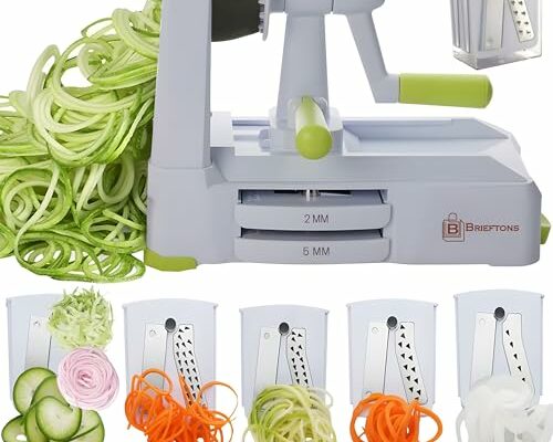 Brieftons 5-Blade Vegetable Spiralizer: Strongest-Heaviest Spiral Slicer, Best Veggie Pasta Spaghetti Maker for Low Carb/Paleo/Gluten-Free/Vegan Meals, With Extra Blade Caddy, 4 Recipe Ebooks