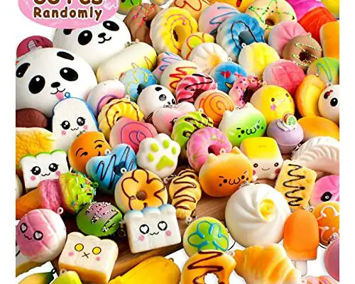 BUDI Upgraded Coluans 30Pcs Kawaii Squishies Random Super Slow Rising Squeeze Fidget Toy Bun Phone Straps Stress Relief Toys for Adults Birthday Favors for Kids Treasure Box Pinata Pretend Play