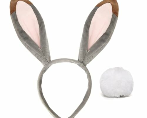 Bunny Ears Headband Costume Accessories Bunny Tail Cosplay Hearwear Easter Party Decoration (Grey Headband + Tail)