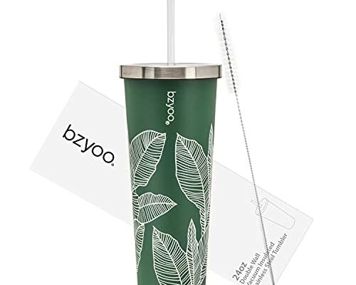 bzyoo SUP Double Wall Vacuum Insulated Tumbler with Straw and Lid Stainless Steel Water Bottle Travel Mug Cup Valentines Gifts For Him & Her, 24oz (710ml) Color: Leaf Green