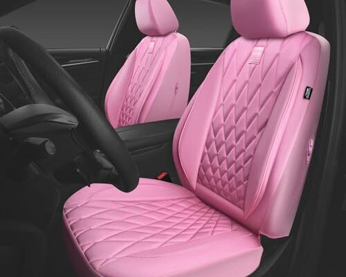 CAR PASS Piping Luxury Leather Two Front Car Seat Covers, Cute Girly Waterproof Anti Slip Seat Covers Compatible with Front Seat Armrests,Universal Fit for Suvs,Vans,Trucks,Airbag Compatible(All Pink)