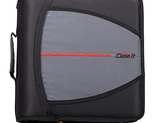 Case-it Mighty Zip Tab Zipper Binder, 3" O-Ring with 5-Color tabs, Expanding File Folder and Shoulder Strap and Handle, D-146- Jet Black