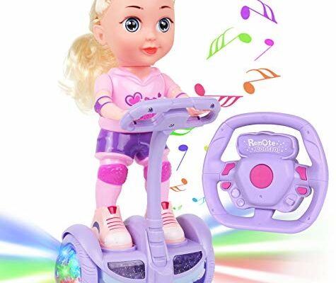 Doll Set with Remote Control Toy Electric Scooter for Kids with LED Lights Music and 360° Rotation