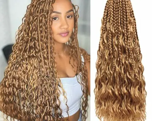 Eeanno Goddess Box Braids Crochet Hair 18 Inch 7 Packs Honey Blonde Boho Crochet Braids for Women Pre Looped Crochet Box Braids with Curly Ends (18 Inch, 27#)