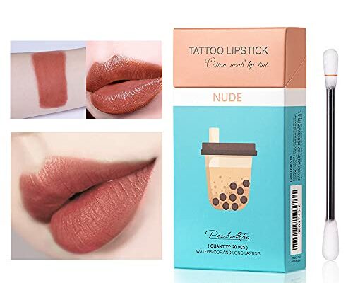 Eliversion 20Pcs Tattoo Lipstick Cotton Swab, Waterproof Non-Stick Tattoo Lipstick Cotton Swab Lip Tint, Long Lasting Lip Gloss Cotton Swab Matte (Nude)