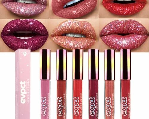 evpct 6Pcs Matte to Glitter Liquid Lipstick Long Lasting Lip Set Kit,6 Color Diamond Dark Red Pink Purple Mauve Glitter Sparkly Glossy Metallic Shimmer Sparkle Waterproof Lipstick Lip Gloss for Women