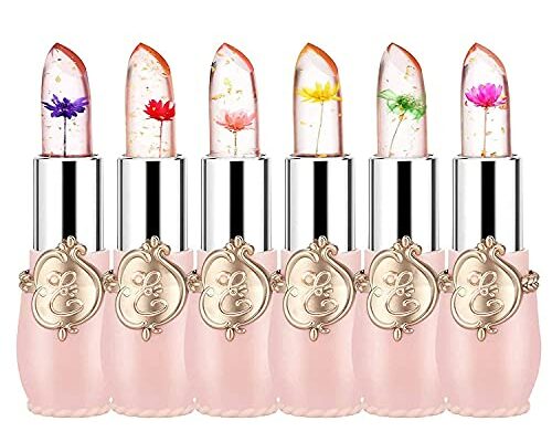 firstfly Pack of 6 Crystal Flower Jelly Lipstick, Long Lasting Nutritious Lip Balm Lips Moisturizer Magic Temperature Color Change Lip Gloss (Pink)