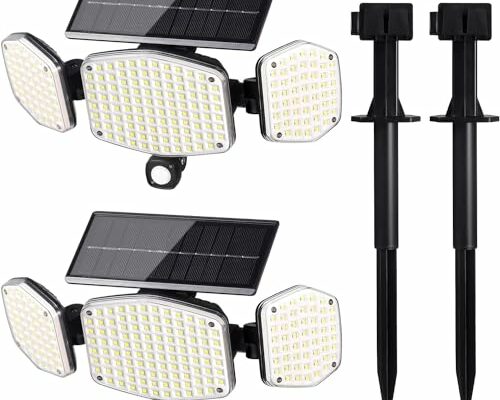 HAARAY Solar Motion Sensor Outdoor Lights with Stakes, 208 LED Super Bright IP65 Waterproof 3 Heads Solar Powered Security Flood Lights for Outside