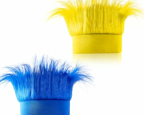 Hairy Headband, Funny Hat Fun Party Costume Accessories, Novelty Crazy Troll Hair Wigs for Adults, Kids and Teens, Party Supplies Headwear for Spirit Day, Sports Event and Cosplay(Blue&Yellow, 2 Pack)