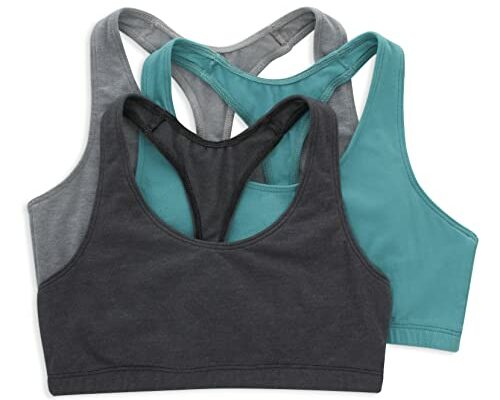 Hanes Women's Racerback Bralette Pack, Low Impact Sports Bra, Solid or Assorted, 3-Pack, Concrete Heather/Isle Green/Sky Grey Heather