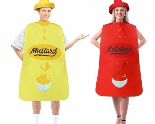 HooLing 2Pcs Couples Halloween Costumes for Adults Couples Outfits Costume Apparel Accessories for Halloween Cosplay Dress up(Ketchup, Mustard)