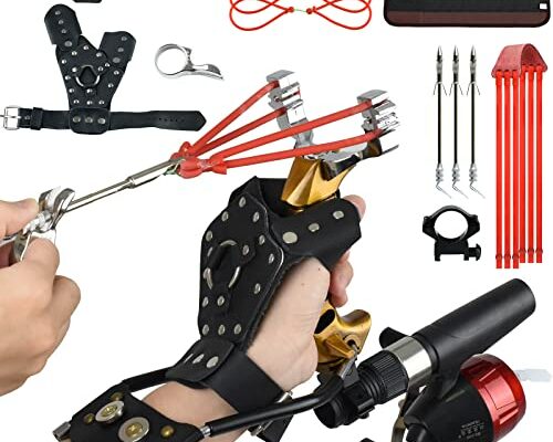 JTXCDFHMJ Slingshot,Fishing Slingshot Kit with Reel and 3 Arrowheads,Fishing Slingshot, Wrist Support Rocket Slingshot for Fishing and Hunting,Dual purpose slingshot for hunting Left Hand Gold