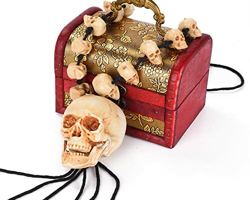 Juephe Skeleton Necklaces Skull And Fangs Bone Pendant Necklaces With Treasure Box For Halloween Cosplay Party Performance Accessary Decor (Lager Skull)